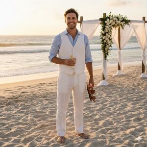 Beach Wedding White Linen Cotton Vest and Trousers 2Piece Suit Set Quiet Luxury